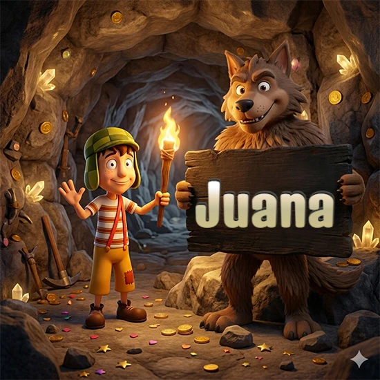 Cueva con monedas de oro y cristales brillantes. Niño de dibujos animados con sombrero verde y camisa a rayas con una antorcha encendida. Lobo grande sonriente con cartel de madera oscura mostrando el nombre Juana en blanco.