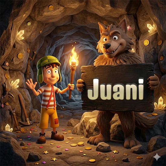 Cueva con monedas de oro y cristales brillantes. Niño de dibujos animados con sombrero verde y camisa a rayas con una antorcha encendida. Lobo grande sonriente con cartel de madera oscura mostrando el nombre Juani en blanco. Cueva con monedas de oro y cristales brillantes. Niño de dibujos animados con sombrero verde y camisa a rayas con una antorcha encendida. Lobo grande sonriente con cartel de madera oscura mostrando el nombre Juani en blanco.