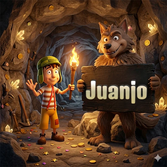 Cueva con monedas de oro y cristales brillantes. Niño de dibujos animados con sombrero verde y camisa a rayas con una antorcha encendida. Lobo grande sonriente con cartel de madera oscura mostrando el nombre Juanjo en blanco.