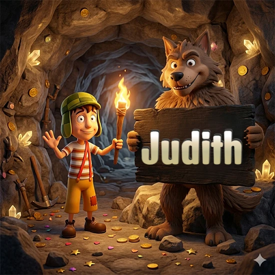 Cueva con monedas de oro y cristales brillantes. Niño de dibujos animados con sombrero verde y camisa a rayas con una antorcha encendida. Lobo grande sonriente con cartel de madera oscura mostrando el nombre Judith en blanco.