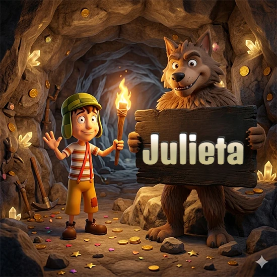Cueva con monedas de oro y cristales brillantes. Niño de dibujos animados con sombrero verde y camisa a rayas con una antorcha encendida. Lobo grande sonriente con cartel de madera oscura mostrando el nombre Julieta en blanco.