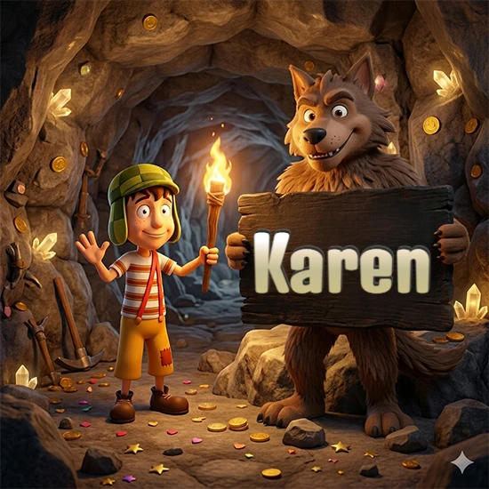 Cueva con monedas de oro y cristales brillantes. Niño de dibujos animados con sombrero verde y camisa a rayas con una antorcha encendida. Lobo grande sonriente con cartel de madera oscura mostrando el nombre Karen en blanco. Cueva con monedas de oro y cristales brillantes. Niño de dibujos animados con sombrero verde y camisa a rayas con una antorcha encendida. Lobo grande sonriente con cartel de madera oscura mostrando el nombre Karen en blanco.