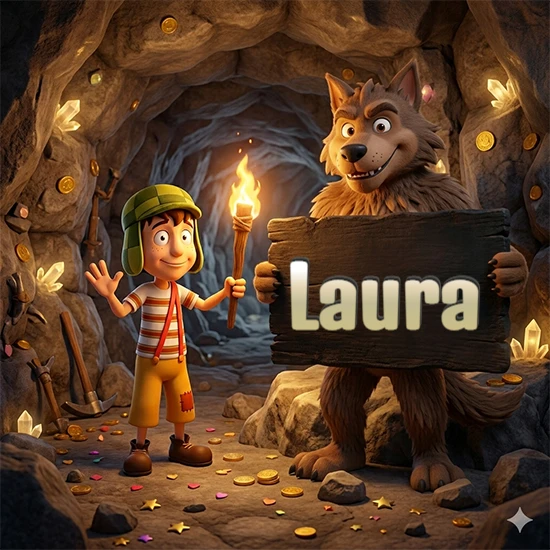 Cueva con monedas de oro y cristales brillantes. Niño de dibujos animados con sombrero verde y camisa a rayas con una antorcha encendida. Lobo grande sonriente con cartel de madera oscura mostrando el nombre Laura en blanco. Cueva con monedas de oro y cristales brillantes. Niño de dibujos animados con sombrero verde y camisa a rayas con una antorcha encendida. Lobo grande sonriente con cartel de madera oscura mostrando el nombre Laura en blanco.