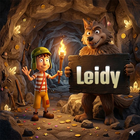 Cueva con monedas de oro y cristales brillantes. Niño de dibujos animados con sombrero verde y camisa a rayas con una antorcha encendida. Lobo grande sonriente con cartel de madera oscura mostrando el nombre Leidy en blanco.