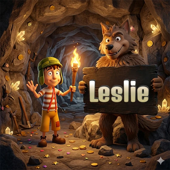 Cueva con monedas de oro y cristales brillantes. Niño de dibujos animados con sombrero verde y camisa a rayas con una antorcha encendida. Lobo grande sonriente con cartel de madera oscura mostrando el nombre Leslie en blanco.