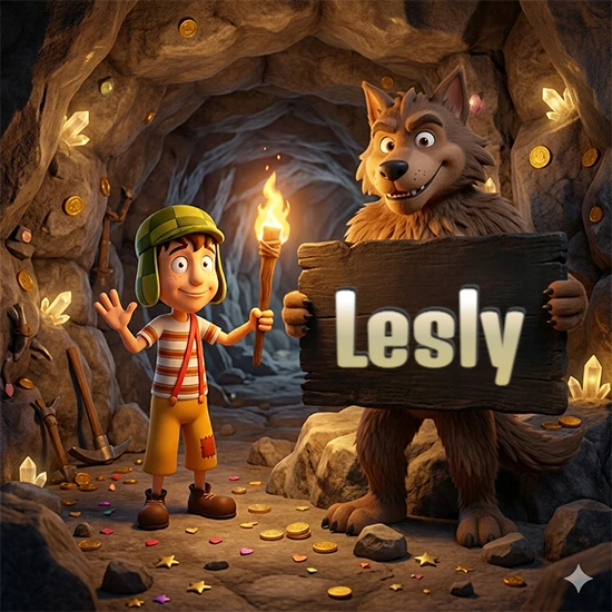 Cueva con monedas de oro y cristales brillantes. Niño de dibujos animados con sombrero verde y camisa a rayas con una antorcha encendida. Lobo grande sonriente con cartel de madera oscura mostrando el nombre Lesly en blanco.