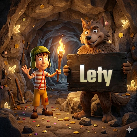 Cueva con monedas de oro y cristales brillantes. Niño de dibujos animados con sombrero verde y camisa a rayas con una antorcha encendida. Lobo grande sonriente con cartel de madera oscura mostrando el nombre Lety en blanco.