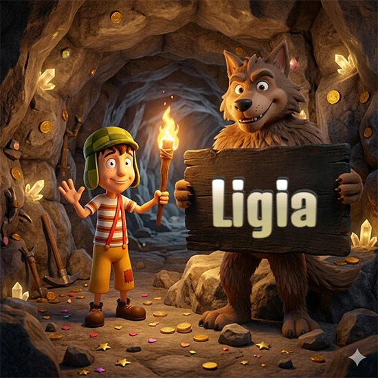 Cueva con monedas de oro y cristales brillantes. Niño de dibujos animados con sombrero verde y camisa a rayas con una antorcha encendida. Lobo grande sonriente con cartel de madera oscura mostrando el nombre Ligia en blanco.