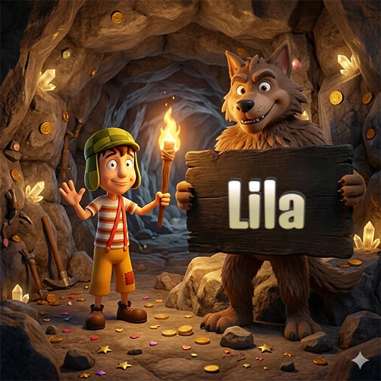 Cueva con monedas de oro y cristales brillantes. Niño de dibujos animados con sombrero verde y camisa a rayas con una antorcha encendida. Lobo grande sonriente con cartel de madera oscura mostrando el nombre Lila en blanco.
