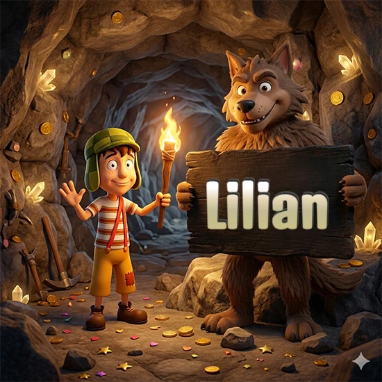 Cueva con monedas de oro y cristales brillantes. Niño de dibujos animados con sombrero verde y camisa a rayas con una antorcha encendida. Lobo grande sonriente con cartel de madera oscura mostrando el nombre Lilian en blanco.