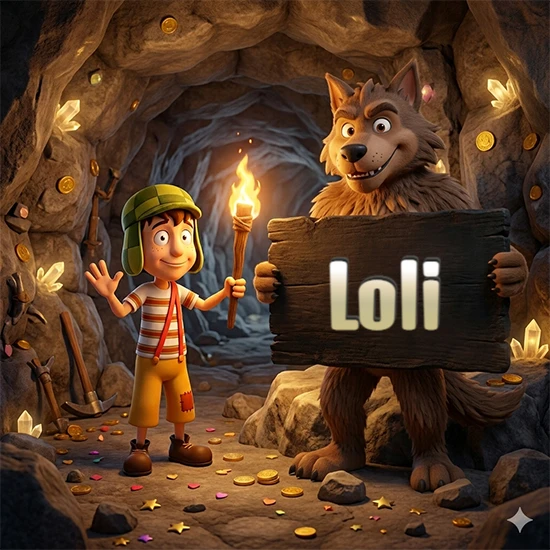 Cueva con monedas de oro y cristales brillantes. Niño de dibujos animados con sombrero verde y camisa a rayas con una antorcha encendida. Lobo grande sonriente con cartel de madera oscura mostrando el nombre Loli en blanco.