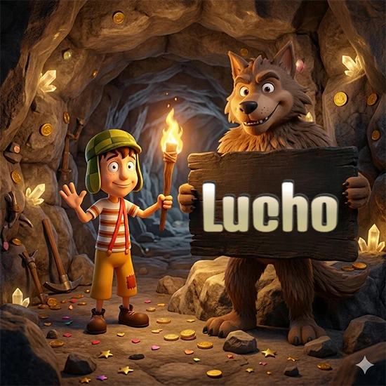 Cueva con monedas de oro y cristales brillantes. Niño de dibujos animados con sombrero verde y camisa a rayas con una antorcha encendida. Lobo grande sonriente con cartel de madera oscura mostrando el nombre Lucho en blanco.