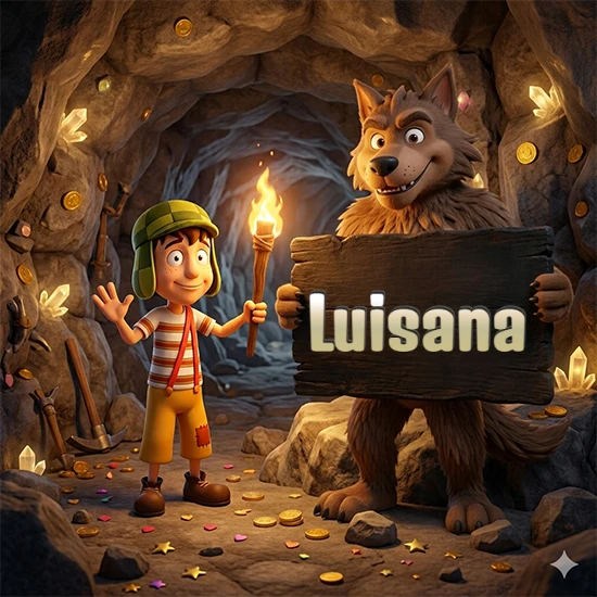 Cueva con monedas de oro y cristales brillantes. Niño de dibujos animados con sombrero verde y camisa a rayas con una antorcha encendida. Lobo grande sonriente con cartel de madera oscura mostrando el nombre Luisana en blanco.