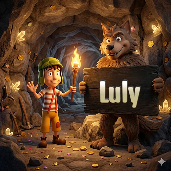 Cueva con monedas de oro y cristales brillantes. Niño de dibujos animados con sombrero verde y camisa a rayas con una antorcha encendida. Lobo grande sonriente con cartel de madera oscura mostrando el nombre Luly en blanco. Cueva con monedas de oro y cristales brillantes. Niño de dibujos animados con sombrero verde y camisa a rayas con una antorcha encendida. Lobo grande sonriente con cartel de madera oscura mostrando el nombre Luly en blanco.