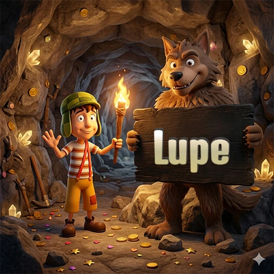Cueva con monedas de oro y cristales brillantes. Niño de dibujos animados con sombrero verde y camisa a rayas con una antorcha encendida. Lobo grande sonriente con cartel de madera oscura mostrando el nombre Lupe en blanco.