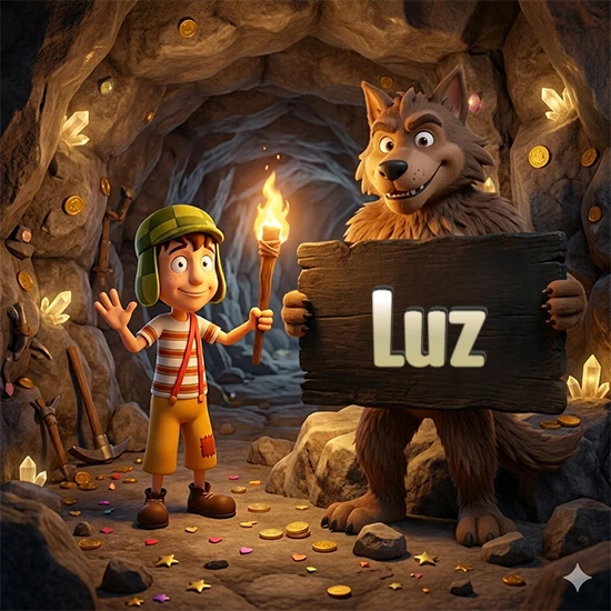 Cueva con monedas de oro y cristales brillantes. Niño de dibujos animados con sombrero verde y camisa a rayas con una antorcha encendida. Lobo grande sonriente con cartel de madera oscura mostrando el nombre Luz en blanco. Cueva con monedas de oro y cristales brillantes. Niño de dibujos animados con sombrero verde y camisa a rayas con una antorcha encendida. Lobo grande sonriente con cartel de madera oscura mostrando el nombre Luz en blanco.