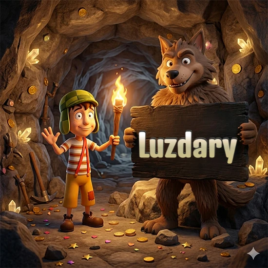 Cueva con monedas de oro y cristales brillantes. Niño de dibujos animados con sombrero verde y camisa a rayas con una antorcha encendida. Lobo grande sonriente con cartel de madera oscura mostrando el nombre Luzdary en blanco.
