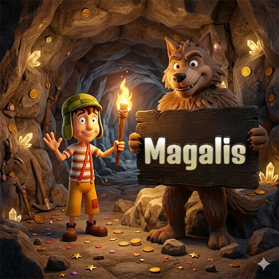 Cueva con monedas de oro y cristales brillantes. Niño de dibujos animados con sombrero verde y camisa a rayas con una antorcha encendida. Lobo grande sonriente con cartel de madera oscura mostrando el nombre Magalis en blanco.