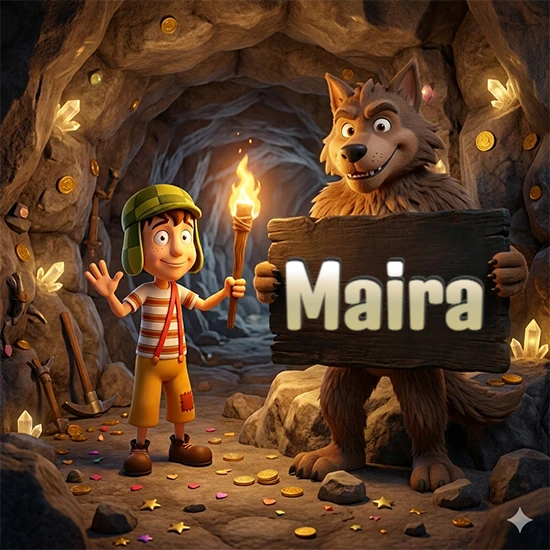 Cueva con monedas de oro y cristales brillantes. Niño de dibujos animados con sombrero verde y camisa a rayas con una antorcha encendida. Lobo grande sonriente con cartel de madera oscura mostrando el nombre Maira en blanco.