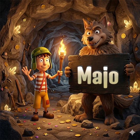 Cueva con monedas de oro y cristales brillantes. Niño de dibujos animados con sombrero verde y camisa a rayas con una antorcha encendida. Lobo grande sonriente con cartel de madera oscura mostrando el nombre Majo en blanco. Cueva con monedas de oro y cristales brillantes. Niño de dibujos animados con sombrero verde y camisa a rayas con una antorcha encendida. Lobo grande sonriente con cartel de madera oscura mostrando el nombre Majo en blanco.
