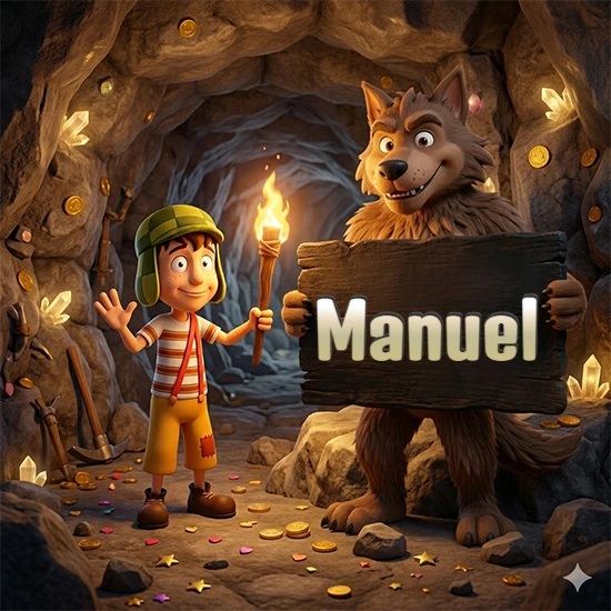 Cueva con monedas de oro y cristales brillantes. Niño de dibujos animados con sombrero verde y camisa a rayas con una antorcha encendida. Lobo grande sonriente con cartel de madera oscura mostrando el nombre Manuel en blanco.