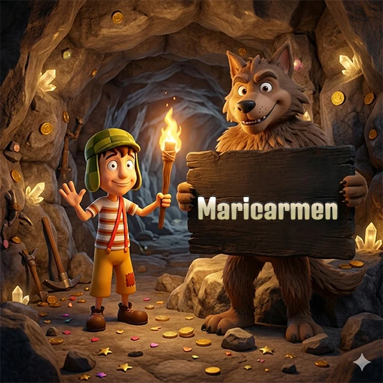 Cueva con monedas de oro y cristales brillantes. Niño de dibujos animados con sombrero verde y camisa a rayas con una antorcha encendida. Lobo grande sonriente con cartel de madera oscura mostrando el nombre Maricarmen en blanco.