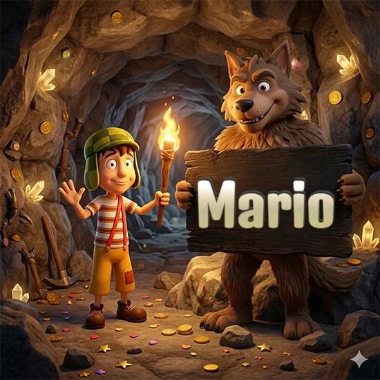 Cueva con monedas de oro y cristales brillantes. Niño de dibujos animados con sombrero verde y camisa a rayas con una antorcha encendida. Lobo grande sonriente con cartel de madera oscura mostrando el nombre Mario en blanco.