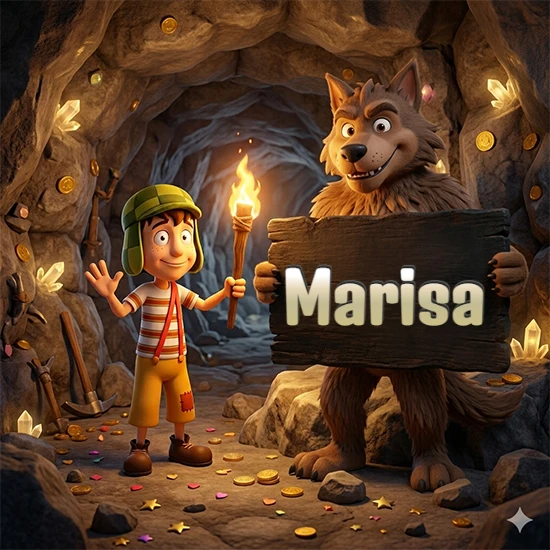 Cueva con monedas de oro y cristales brillantes. Niño de dibujos animados con sombrero verde y camisa a rayas con una antorcha encendida. Lobo grande sonriente con cartel de madera oscura mostrando el nombre Marisa en blanco.