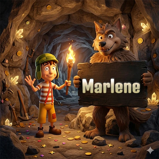 Cueva con monedas de oro y cristales brillantes. Niño de dibujos animados con sombrero verde y camisa a rayas con una antorcha encendida. Lobo grande sonriente con cartel de madera oscura mostrando el nombre Marlene en blanco.