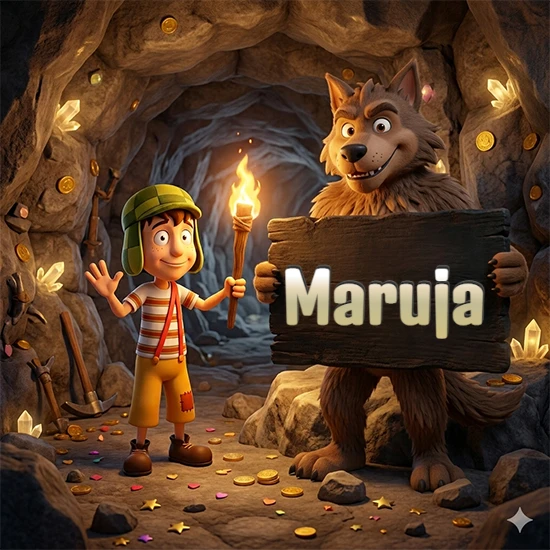 Cueva con monedas de oro y cristales brillantes. Niño de dibujos animados con sombrero verde y camisa a rayas con una antorcha encendida. Lobo grande sonriente con cartel de madera oscura mostrando el nombre Maruja en blanco.