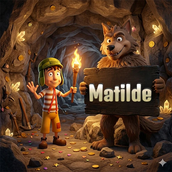 Cueva con monedas de oro y cristales brillantes. Niño de dibujos animados con sombrero verde y camisa a rayas con una antorcha encendida. Lobo grande sonriente con cartel de madera oscura mostrando el nombre Matilde en blanco.