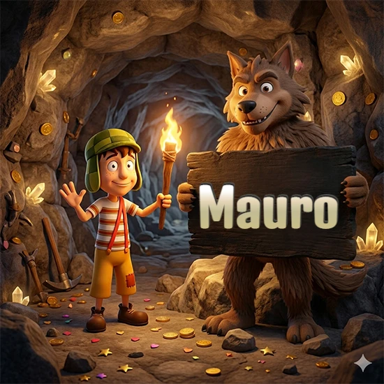 Cueva con monedas de oro y cristales brillantes. Niño de dibujos animados con sombrero verde y camisa a rayas con una antorcha encendida. Lobo grande sonriente con cartel de madera oscura mostrando el nombre Mauro en blanco.