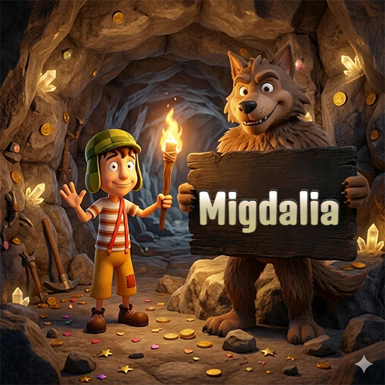 Cueva con monedas de oro y cristales brillantes. Niño de dibujos animados con sombrero verde y camisa a rayas con una antorcha encendida. Lobo grande sonriente con cartel de madera oscura mostrando el nombre Migdalia en blanco. Cueva con monedas de oro y cristales brillantes. Niño de dibujos animados con sombrero verde y camisa a rayas con una antorcha encendida. Lobo grande sonriente con cartel de madera oscura mostrando el nombre Migdalia en blanco.