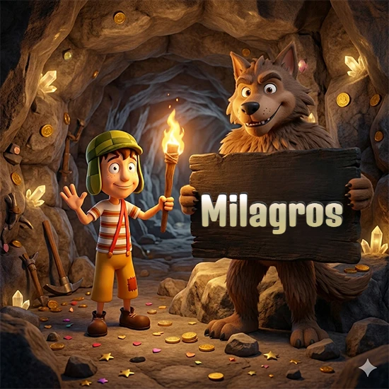 Cueva con monedas de oro y cristales brillantes. Niño de dibujos animados con sombrero verde y camisa a rayas con una antorcha encendida. Lobo grande sonriente con cartel de madera oscura mostrando el nombre Milagros en blanco. Cueva con monedas de oro y cristales brillantes. Niño de dibujos animados con sombrero verde y camisa a rayas con una antorcha encendida. Lobo grande sonriente con cartel de madera oscura mostrando el nombre Milagros en blanco.
