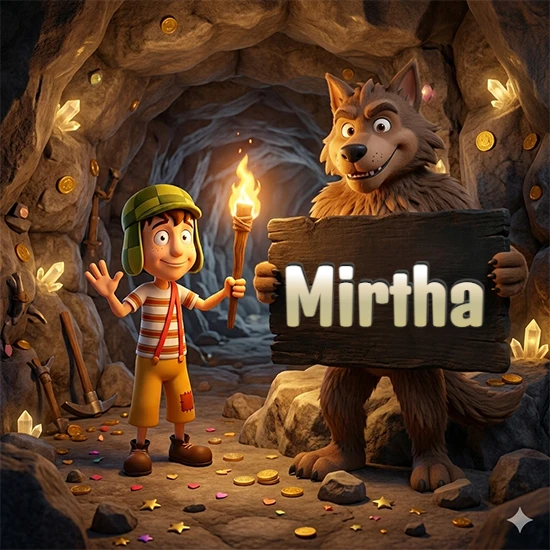 Cueva con monedas de oro y cristales brillantes. Niño de dibujos animados con sombrero verde y camisa a rayas con una antorcha encendida. Lobo grande sonriente con cartel de madera oscura mostrando el nombre Mirtha en blanco.