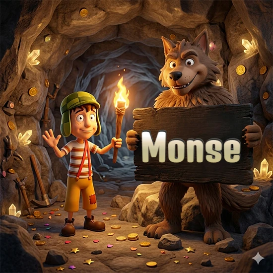 Cueva con monedas de oro y cristales brillantes. Niño de dibujos animados con sombrero verde y camisa a rayas con una antorcha encendida. Lobo grande sonriente con cartel de madera oscura mostrando el nombre Monse en blanco.