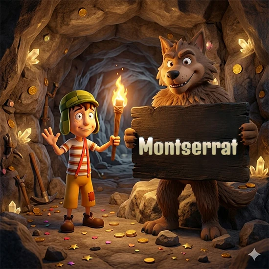 Cueva con monedas de oro y cristales brillantes. Niño de dibujos animados con sombrero verde y camisa a rayas con una antorcha encendida. Lobo grande sonriente con cartel de madera oscura mostrando el nombre Montserrat en blanco. Cueva con monedas de oro y cristales brillantes. Niño de dibujos animados con sombrero verde y camisa a rayas con una antorcha encendida. Lobo grande sonriente con cartel de madera oscura mostrando el nombre Montserrat en blanco.