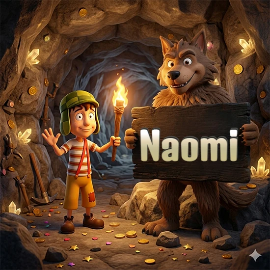 Cueva con monedas de oro y cristales brillantes. Niño de dibujos animados con sombrero verde y camisa a rayas con una antorcha encendida. Lobo grande sonriente con cartel de madera oscura mostrando el nombre Naomi en blanco.