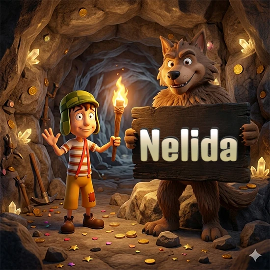 Cueva con monedas de oro y cristales brillantes. Niño de dibujos animados con sombrero verde y camisa a rayas con una antorcha encendida. Lobo grande sonriente con cartel de madera oscura mostrando el nombre Nelida en blanco.