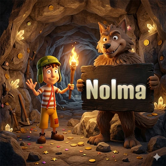 Cueva con monedas de oro y cristales brillantes. Niño de dibujos animados con sombrero verde y camisa a rayas con una antorcha encendida. Lobo grande sonriente con cartel de madera oscura mostrando el nombre Nolma en blanco.