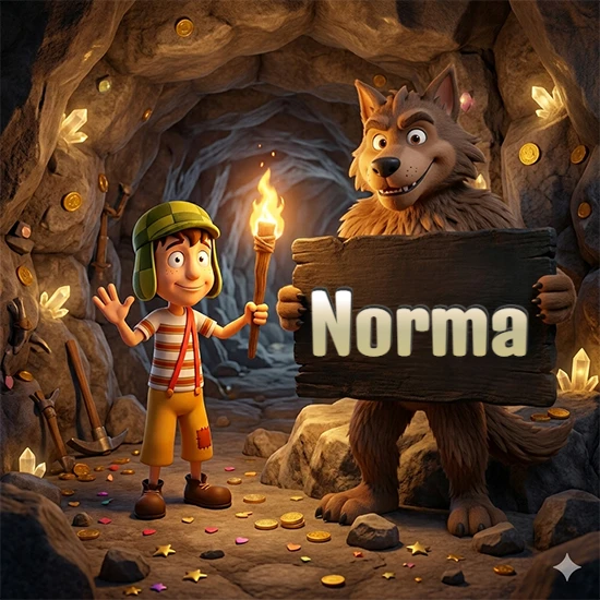 Cueva con monedas de oro y cristales brillantes. Niño de dibujos animados con sombrero verde y camisa a rayas con una antorcha encendida. Lobo grande sonriente con cartel de madera oscura mostrando el nombre Norma en blanco.