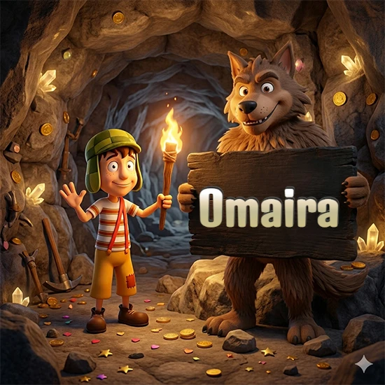Cueva con monedas de oro y cristales brillantes. Niño de dibujos animados con sombrero verde y camisa a rayas con una antorcha encendida. Lobo grande sonriente con cartel de madera oscura mostrando el nombre Omaira en blanco. Cueva con monedas de oro y cristales brillantes. Niño de dibujos animados con sombrero verde y camisa a rayas con una antorcha encendida. Lobo grande sonriente con cartel de madera oscura mostrando el nombre Omaira en blanco.