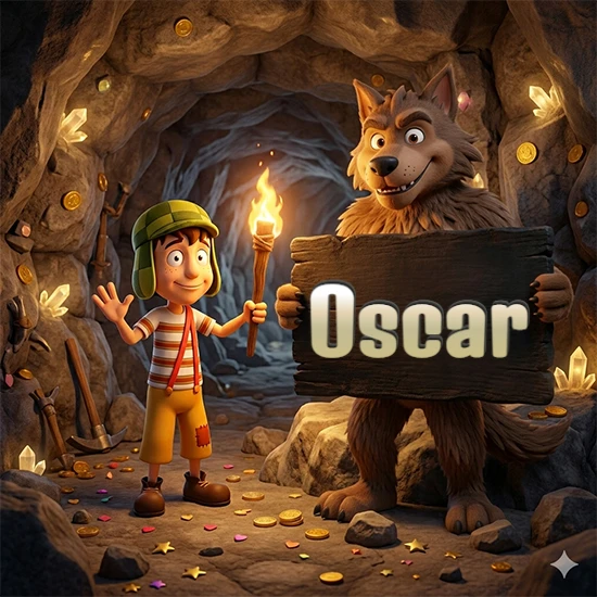Cueva con monedas de oro y cristales brillantes. Niño de dibujos animados con sombrero verde y camisa a rayas con una antorcha encendida. Lobo grande sonriente con cartel de madera oscura mostrando el nombre Oscar en blanco. Cueva con monedas de oro y cristales brillantes. Niño de dibujos animados con sombrero verde y camisa a rayas con una antorcha encendida. Lobo grande sonriente con cartel de madera oscura mostrando el nombre Oscar en blanco.