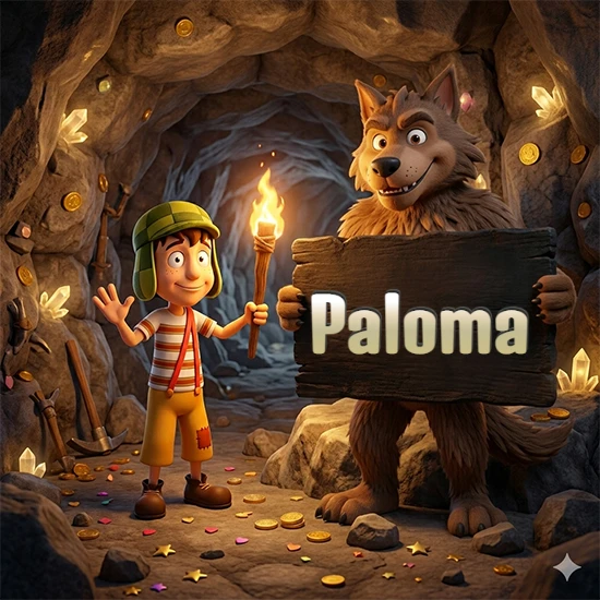 Cueva con monedas de oro y cristales brillantes. Niño de dibujos animados con sombrero verde y camisa a rayas con una antorcha encendida. Lobo grande sonriente con cartel de madera oscura mostrando el nombre Paloma en blanco.