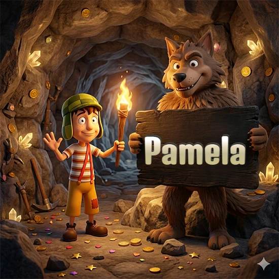Cueva con monedas de oro y cristales brillantes. Niño de dibujos animados con sombrero verde y camisa a rayas con una antorcha encendida. Lobo grande sonriente con cartel de madera oscura mostrando el nombre Pamela en blanco.