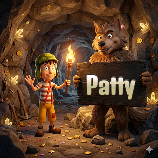 Cueva con monedas de oro y cristales brillantes. Niño de dibujos animados con sombrero verde y camisa a rayas con una antorcha encendida. Lobo grande sonriente con cartel de madera oscura mostrando el nombre Patty en blanco.