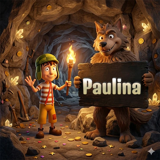 Cueva con monedas de oro y cristales brillantes. Niño de dibujos animados con sombrero verde y camisa a rayas con una antorcha encendida. Lobo grande sonriente con cartel de madera oscura mostrando el nombre Paulina en blanco.