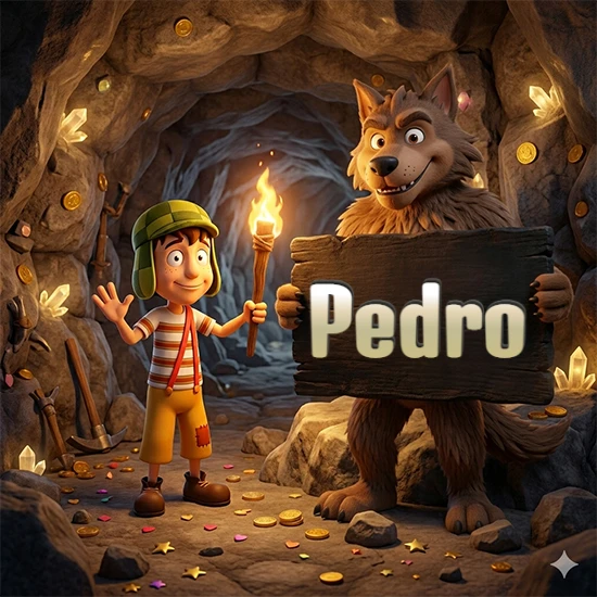 Cueva con monedas de oro y cristales brillantes. Niño de dibujos animados con sombrero verde y camisa a rayas con una antorcha encendida. Lobo grande sonriente con cartel de madera oscura mostrando el nombre Pedro en blanco.