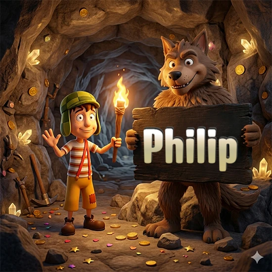 Cueva con monedas de oro y cristales brillantes. Niño de dibujos animados con sombrero verde y camisa a rayas con una antorcha encendida. Lobo grande sonriente con cartel de madera oscura mostrando el nombre Philip en blanco.