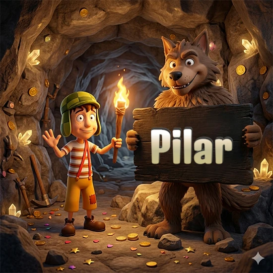 Cueva con monedas de oro y cristales brillantes. Niño de dibujos animados con sombrero verde y camisa a rayas con una antorcha encendida. Lobo grande sonriente con cartel de madera oscura mostrando el nombre Pilar en blanco.